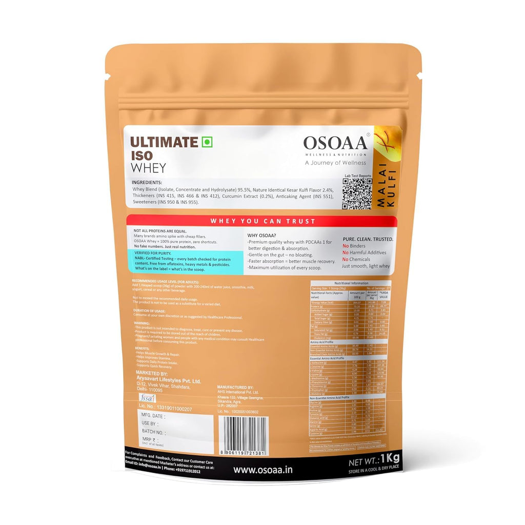 OSOAA Ultimate ISO Whey Protein Isolate Protein - 1kg, Kesar Kulfi | 26g Protein Powder for Muscle Support & Recovery | 100% Authentic Protein Supplement Powder - Batch wise Lab Report