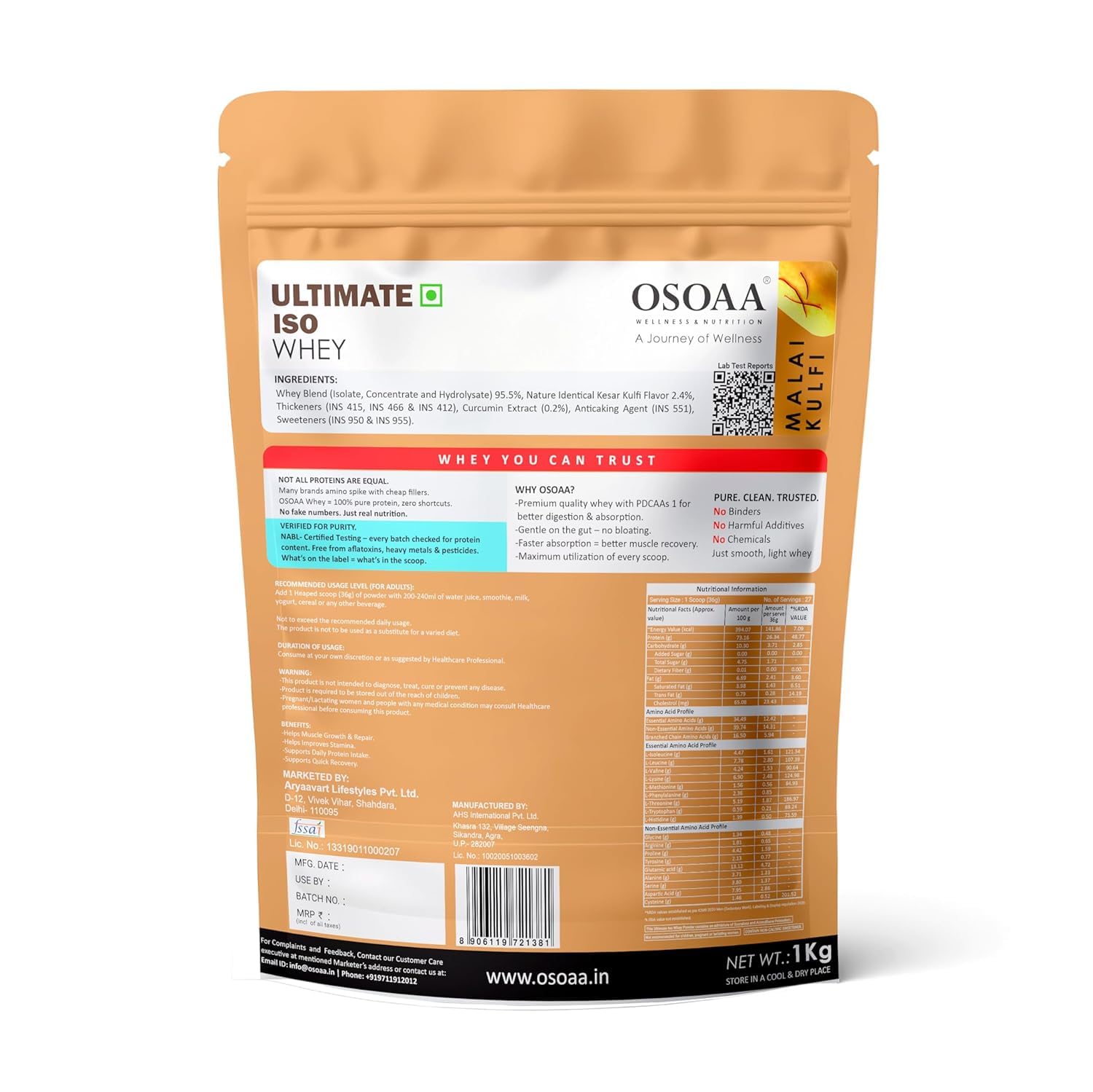 OSOAA Ultimate ISO Whey Protein Isolate Protein - 1kg, Kesar Kulfi | 26g Protein Powder for Muscle Support & Recovery | 100% Authentic Protein Supplement Powder - Batch wise Lab Report