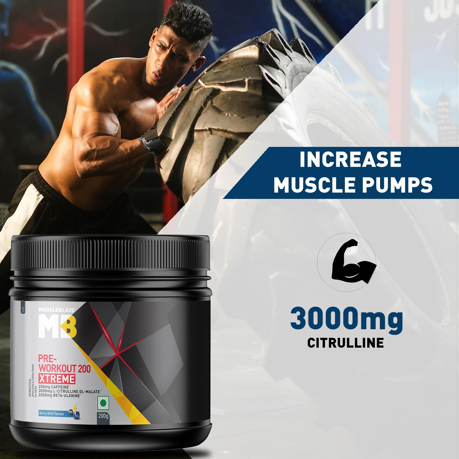 MuscleBlaze Pre Workout 200 Xtreme (Berry Bolt, 60 Servings, 200g) | 200mg Caffeine, 200mg Theanine, 2000mg Beta Alanine, 3000mg Citrulline