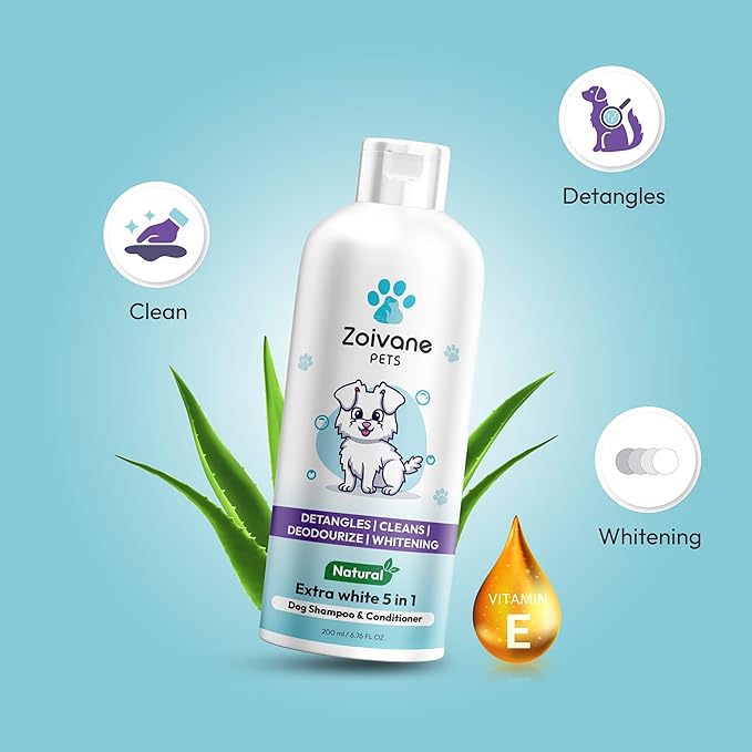 Zoivane Dog Shampoo - 200 Ml | Extra White 5 in 1 Dog Shampoo & Conditioner for Whitening, Glowing