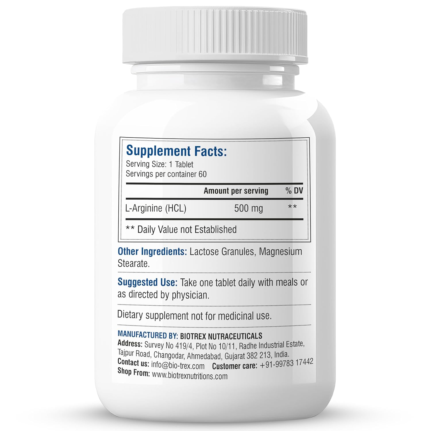 Biotrex Nutraceuticals L-Arginine 500mg Supplement | Nitric Oxide Booster & Muscle Growth | Blood Flow & Heart Health | Pre Workout | Non-GMO | 60 Tablets