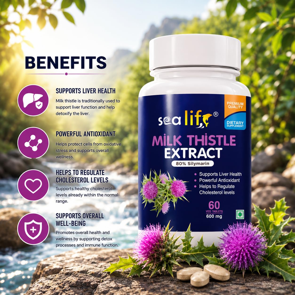 Sea Life Milk Thistle Extract Tablets | Silymarin 80% | Liver Cleanse Detox Support Supplement 600 mg (60 Tablets) Support Protection Against Fatty Liver |For Men And Women