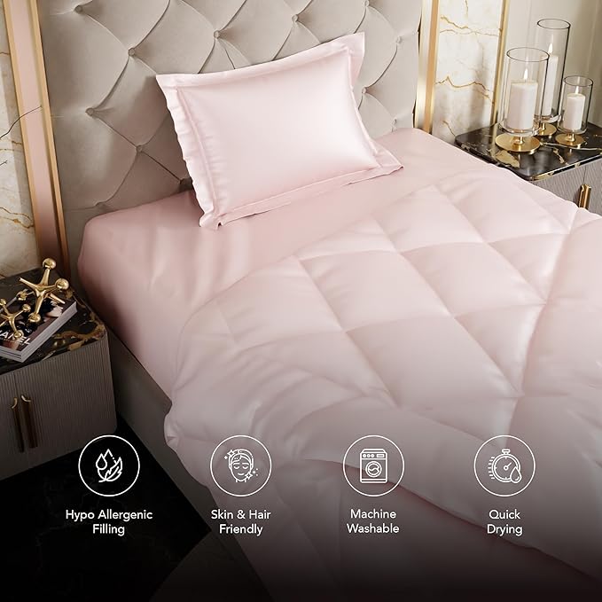 Stoa Paris Satin Comforter Single Bed with 300 TC One Pillow Cover Colour Blushing Pink