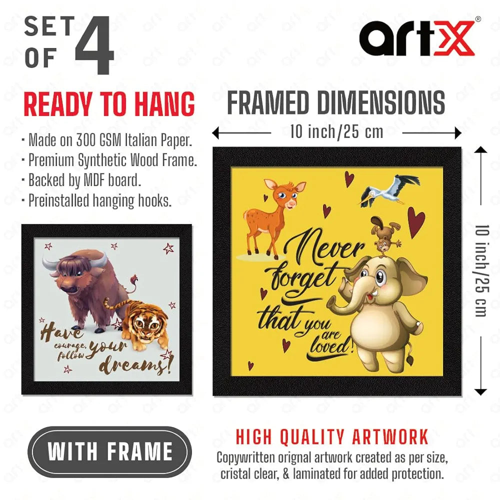 ArtX Set of 4 Cartoons Animals-02 Kids Room Wall Art Painting Multicolor Synthetic Wood Set Of 4
