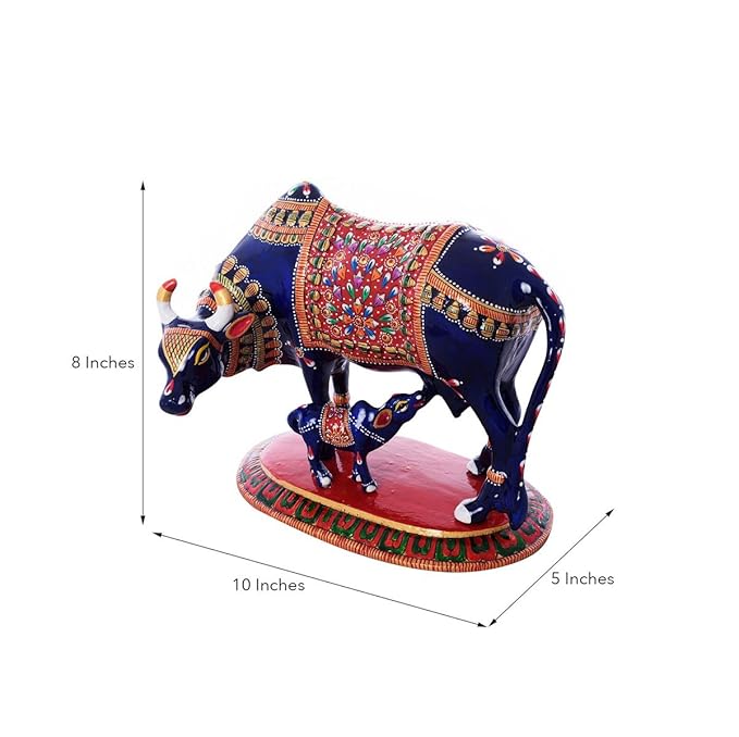 Ecraftindia Meenakari Cow and Calf Metal Figurine | Blue and Red