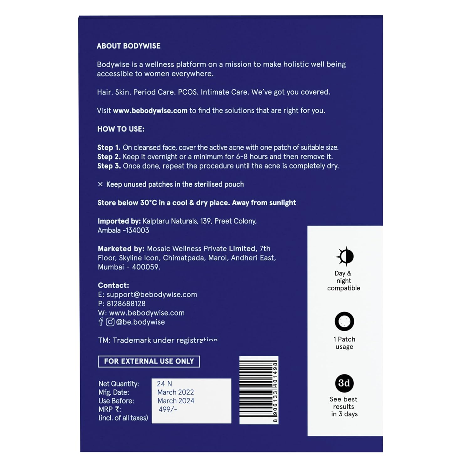 BeBodywise Hydrocolloid Acne Pimple Patch -24 pcs