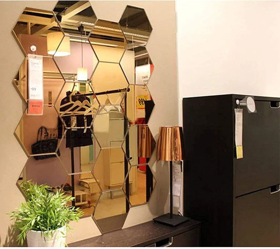 Bikri Kendra Glass 20 Hexagon With 20 Butterfly Golden Wall Stickers 3D Acrylic Stickers Mirror Stickers Set Of 20