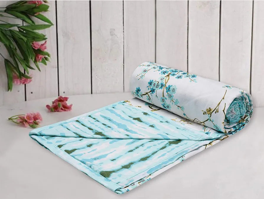 Trance Home Linen 150 GSM Pure Cotton Reversible Dohar Double Bed Size Ac Blanket Comforter Soft Light-Weight Bed Blanket Colour Akira Turquoise
