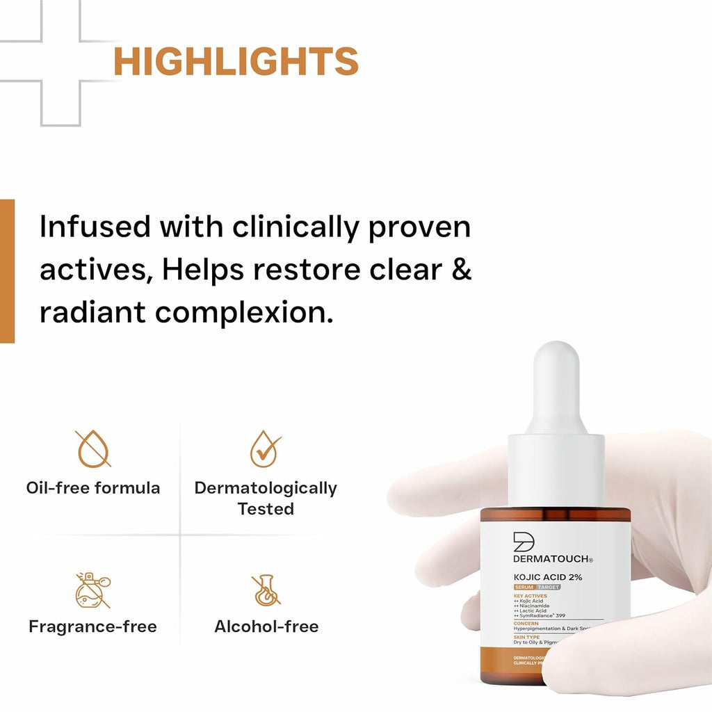 DERMATOUCH Kojic Acid 2% Serum | Best for Hyperpigmentation, Uneven Skin Tone & Dark Spots | For Both Men & Women | 20ml