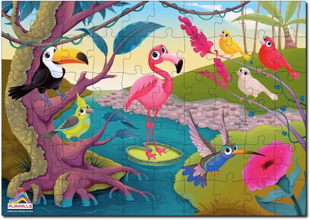 Playhills Wooden Jungle Birds Puzzle for Kids 60 Laser-Cut Pieces, Eco-Friendly, Ages 3+ Colourful Parrot, Peacock Safari Puzzle Toy Gift for Boys & Girls