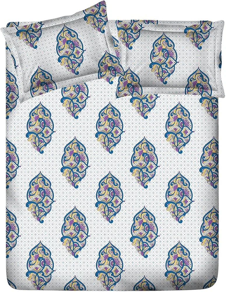 Layers Duracount Bedsheet Set for All Seasons Lightweight 225 CVC King Size Blue Ethnic