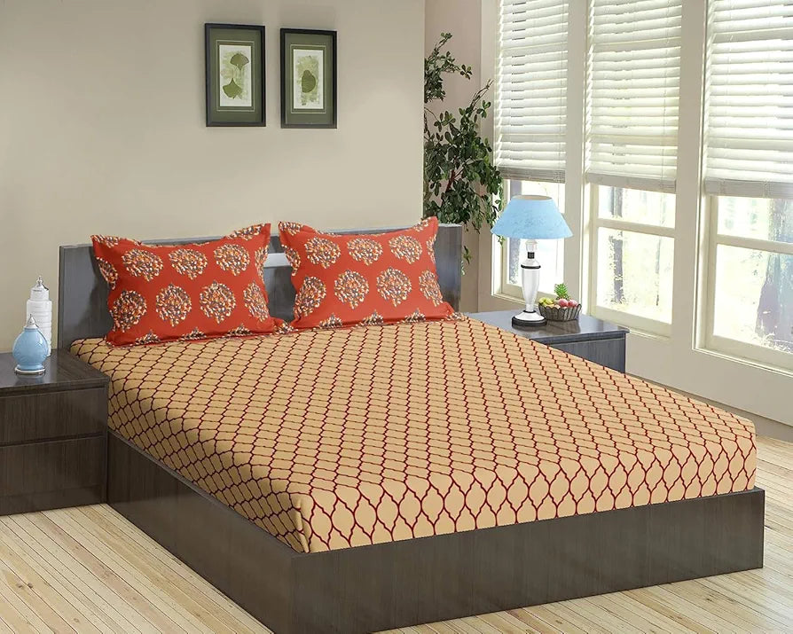 Trance Home Linen 200TC 100% Cotton 78"X60" Standard Queen Size Elastic Fitted Bedsheet Printed Queen Bed Size with 2 Pillow Covers Colour Dori&Damask-Clay Red
