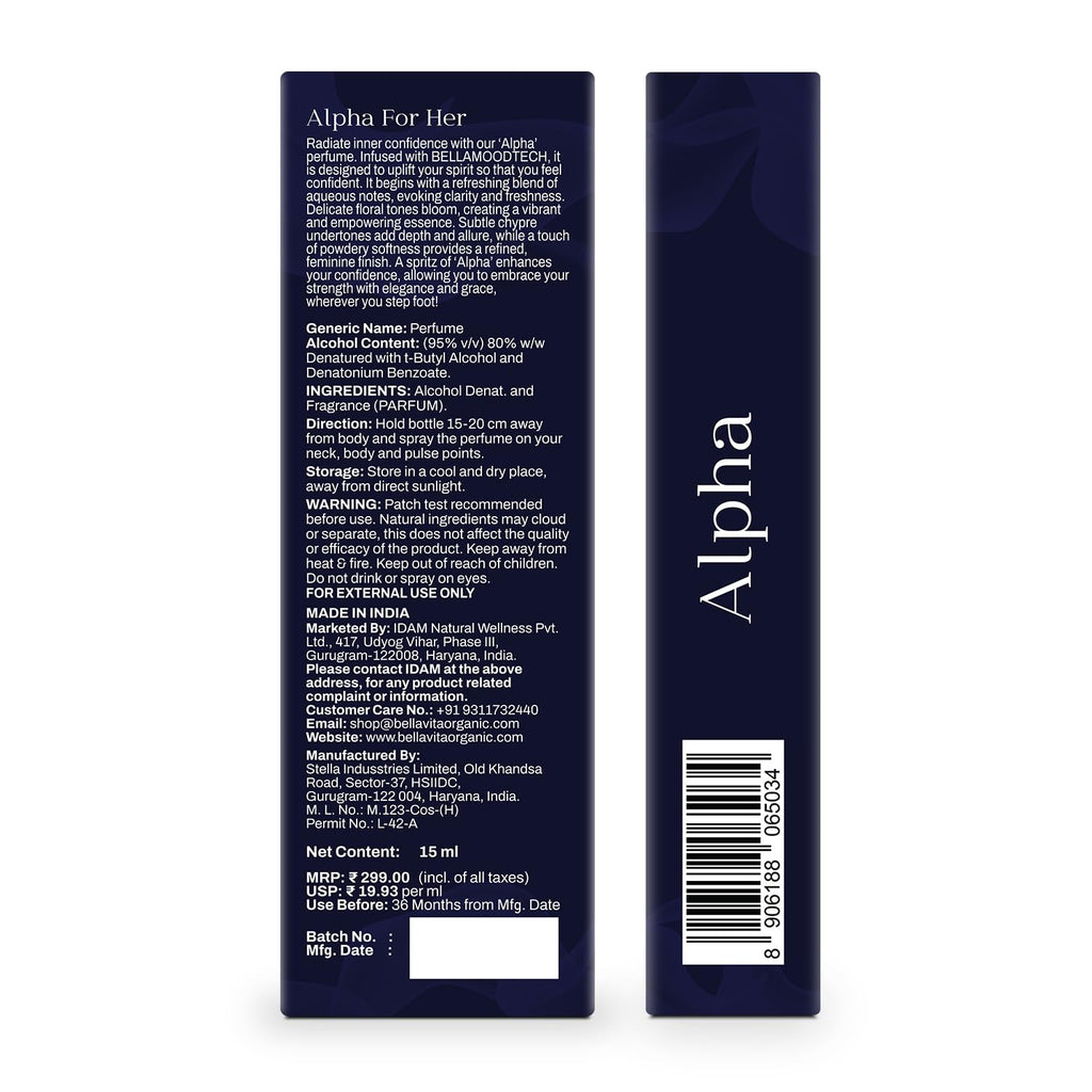 BELLAVITA Mood Collection ALPHA EDP for Her | Long-Lasting Luxury Perfume | Elegant & Feminine Perfume for Women, 15ml
