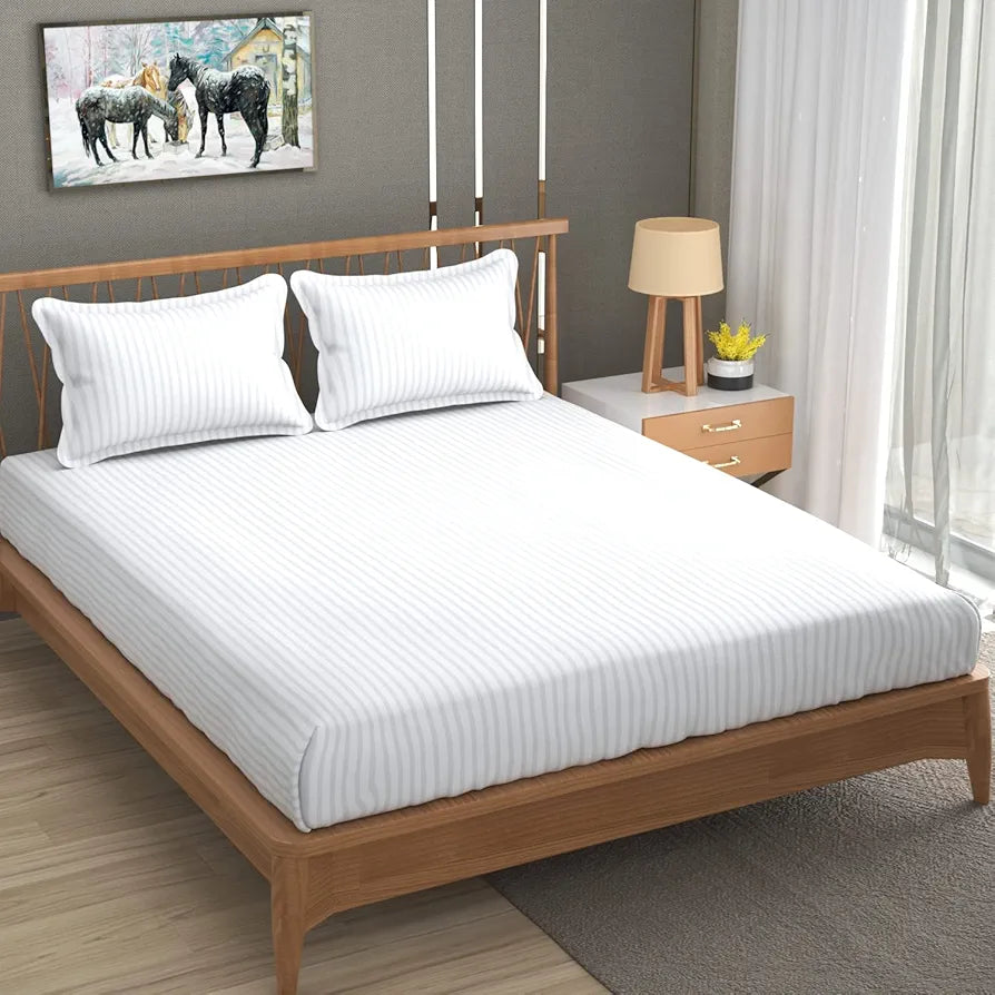 Homefab India 160 TC Stripe Cotton Feel Glace Cotton Elastic Fitted King Size Double Bed Bedsheet with 2 Pillow Covers Fits Upto 6 inches Mattress White