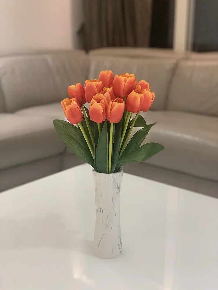 Beautiful Artificial Polyester and Plastic Tulip Flower Bunch Orange Set of 2