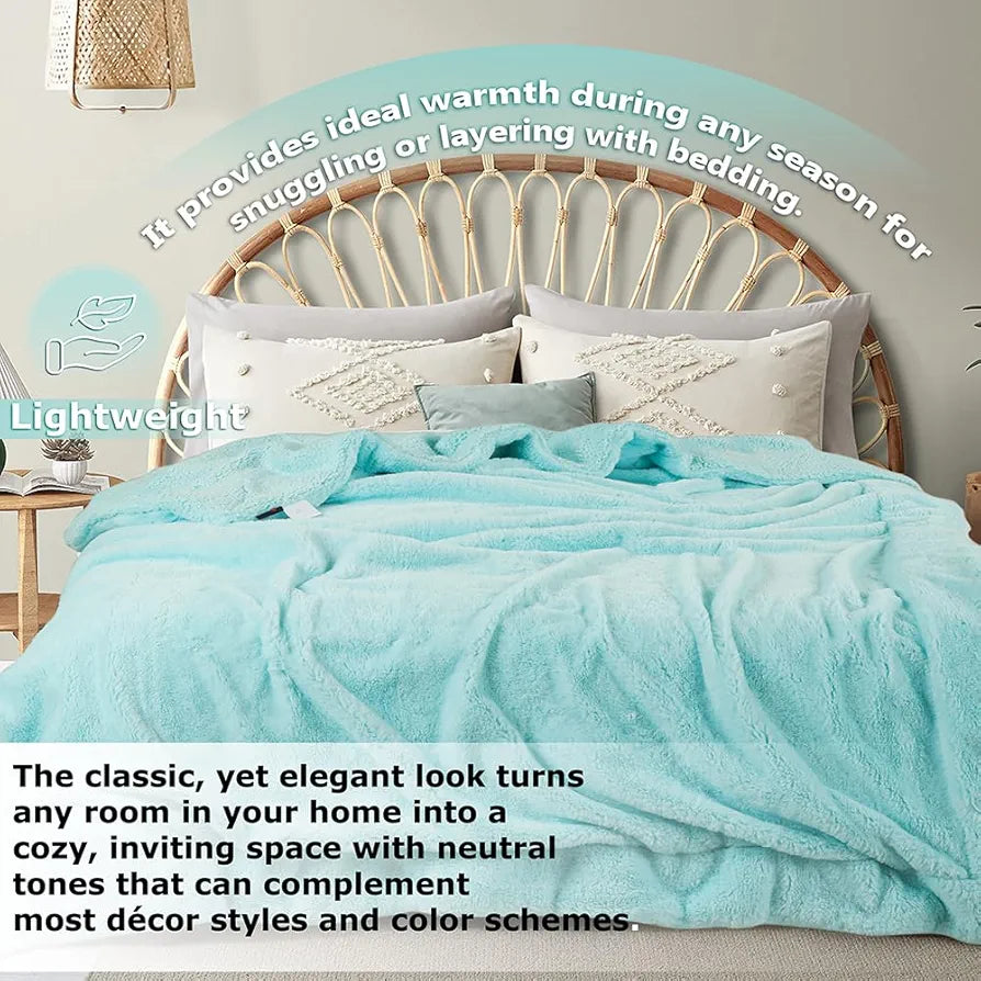 Homekart Faux Rabbit Fur with Sherpa Luxurious Soft Reversible Blanket for Double Size Bed 500GSM Blanket with Bag Packing Color Aqua