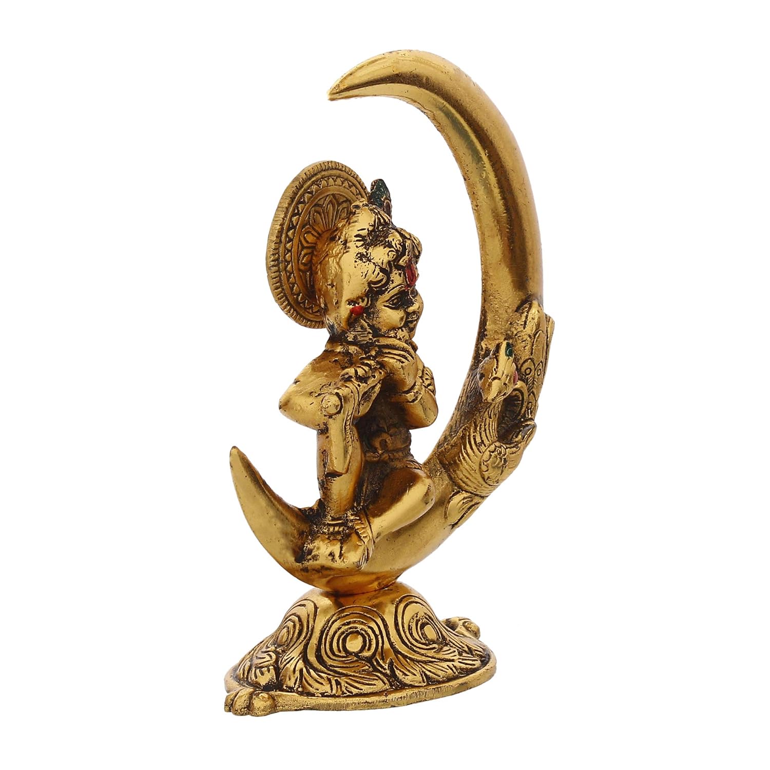 Ecraftindia Golden Metal Handcrafted Lord Krishna Idol Playing Flute and Sitting on Half Moon Decorative Showpiece for Home Decor