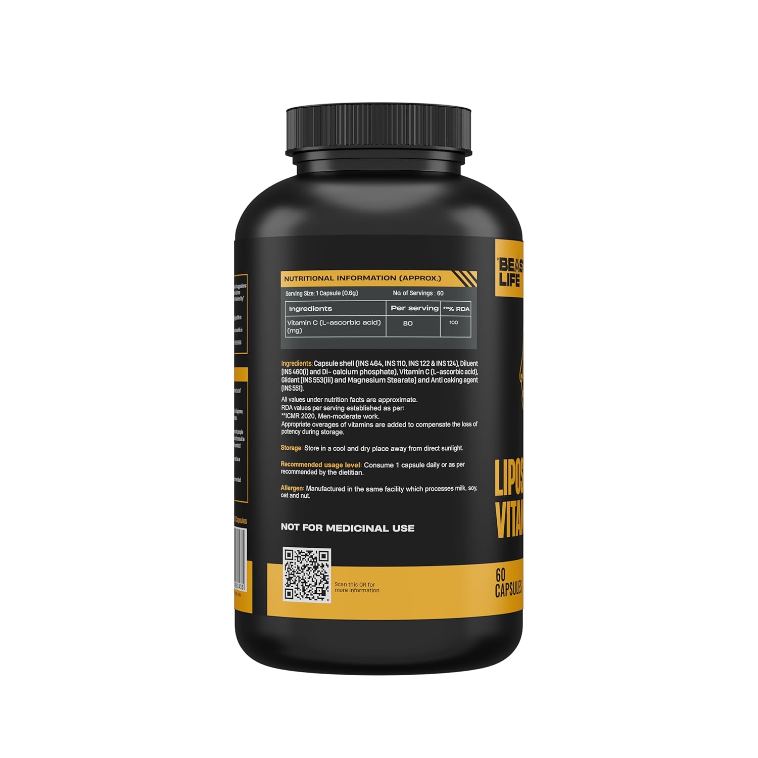 BeastLife Liposomal Vitamin C | Higher bioavailability | Neutralizes free radicals | Promotes firm skin Health | Improve cognitive function Immunity Support– Fast Absorption & Bioavailability | 60 Capsules