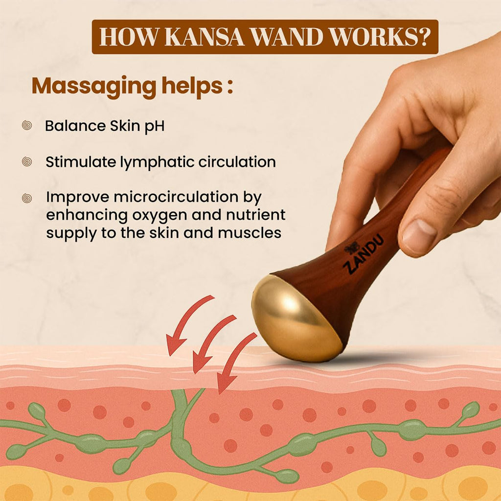 Zandu Ayurvedic Dual Sided Kansa Wand Massager | 100% Bronze & Teakwood handleâ€“ Portable Face, Neck, Body & Foot Massager | Promotes Relaxation & Improves Blood Circulation | Face Yoga Wellness Tool