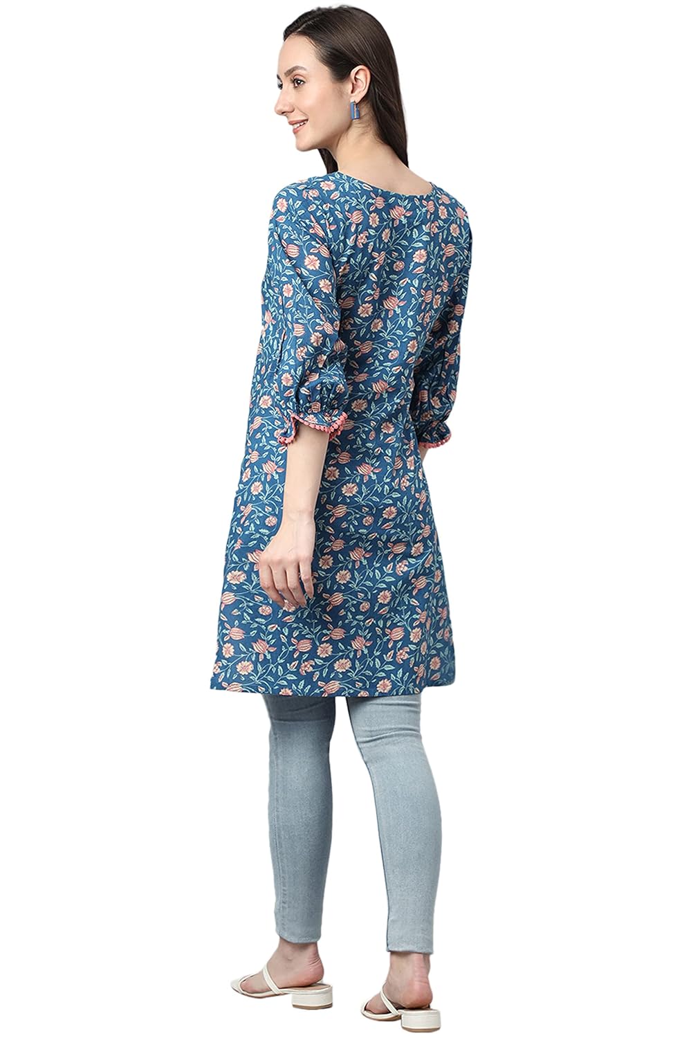 Janasya Women's Blue Cotton Floral Print Regular Tunic