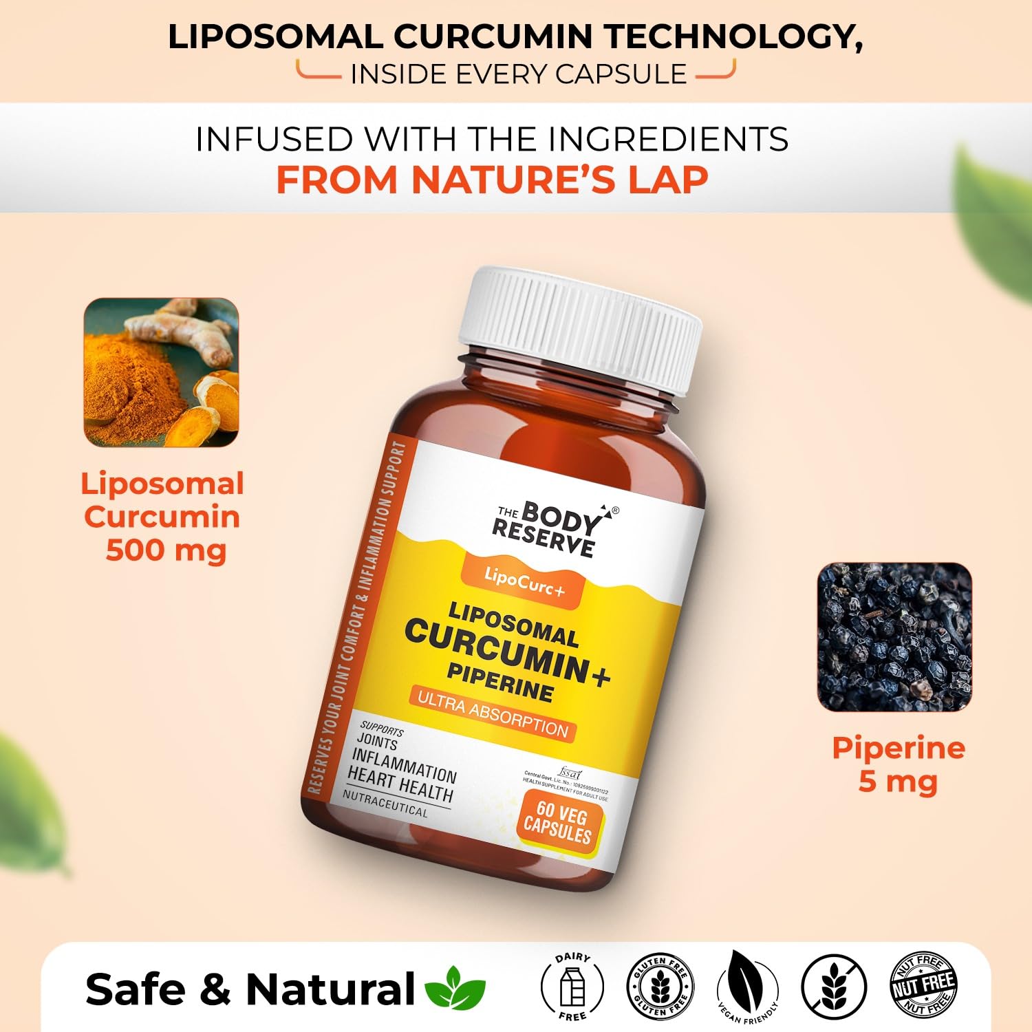 The Body Reserve Liposomal Curcumin Capsules, 500mg with Piperine, Anti-inflammatory Supplement for Adults Pure Turmeric Extract Supplement for High Absorption Joint & Heart Health Support for Adults â€“ 60 caps