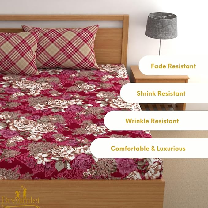 Dreamlet Premium Cotton Flat Double Bedsheets With 2 King Size Pillow Covers Double Bed Breathable | Red