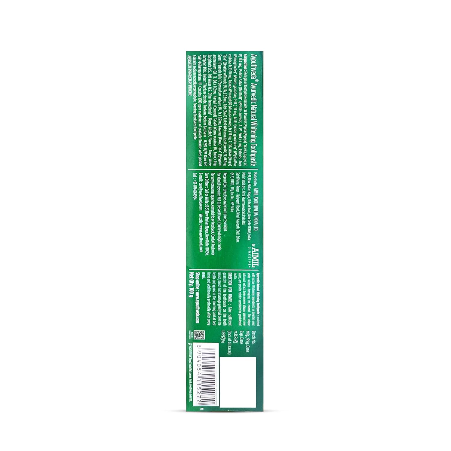 Ayouthveda Ayurvedic Natural Whitening Toothpaste | Plant-Based Formula with Ginger, Mint, Papaya & Pomegranate | Plaque & Tartar Control | Gum Comfort, Enamel Care & Fresh Breath | 100g (Pack of 1)
