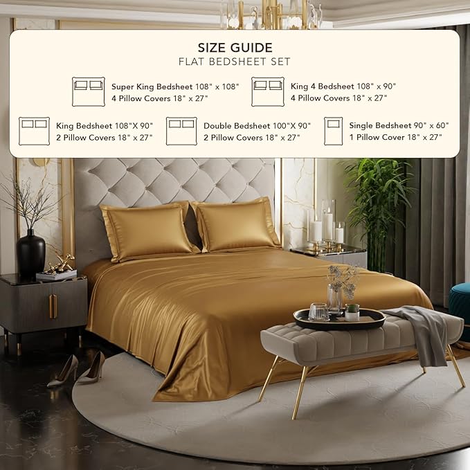 Stoa Paris Satin Bedsheets for Double Bed 300TC Premium Bedsheet with 2 Pillow Covers Colour Eternal Glow-Gold