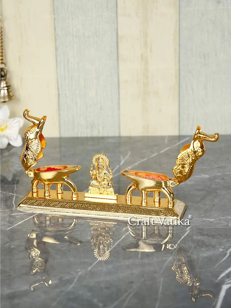 Metal Chandan Roli Kumkum Chawal Box With Ganesha Double Sindoor Dani In ElephantGolden Finish