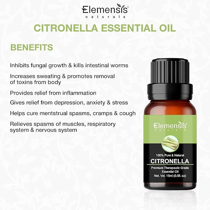 Elemensis Naturals Pure Undiluted Citronella Oil for Aroma Diffusers - 15 ml