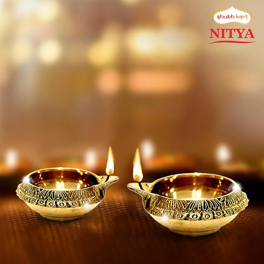 Shubhkart  Brass Kuber Diya for Pooja Heavy Base Oil Lamp Traditional Brass Diya Set of 2