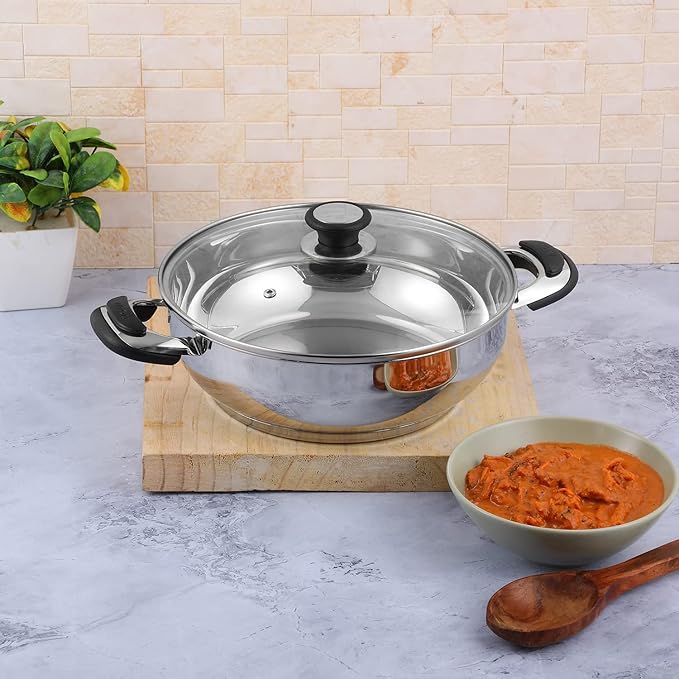 Vinod Durban Stainless Steel Kadhai with Glass Lid 1.7 Litre (20 cm) | 6.2mm Thick | Kadhai for Deep Frying | Induction and Gas Base