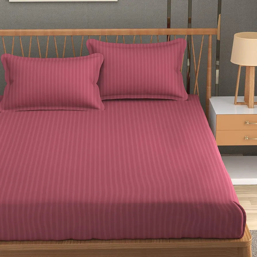Homefab India 160 TC Stripe Glace Cotton Double BedSheet with 2 Pillow Covers Pink