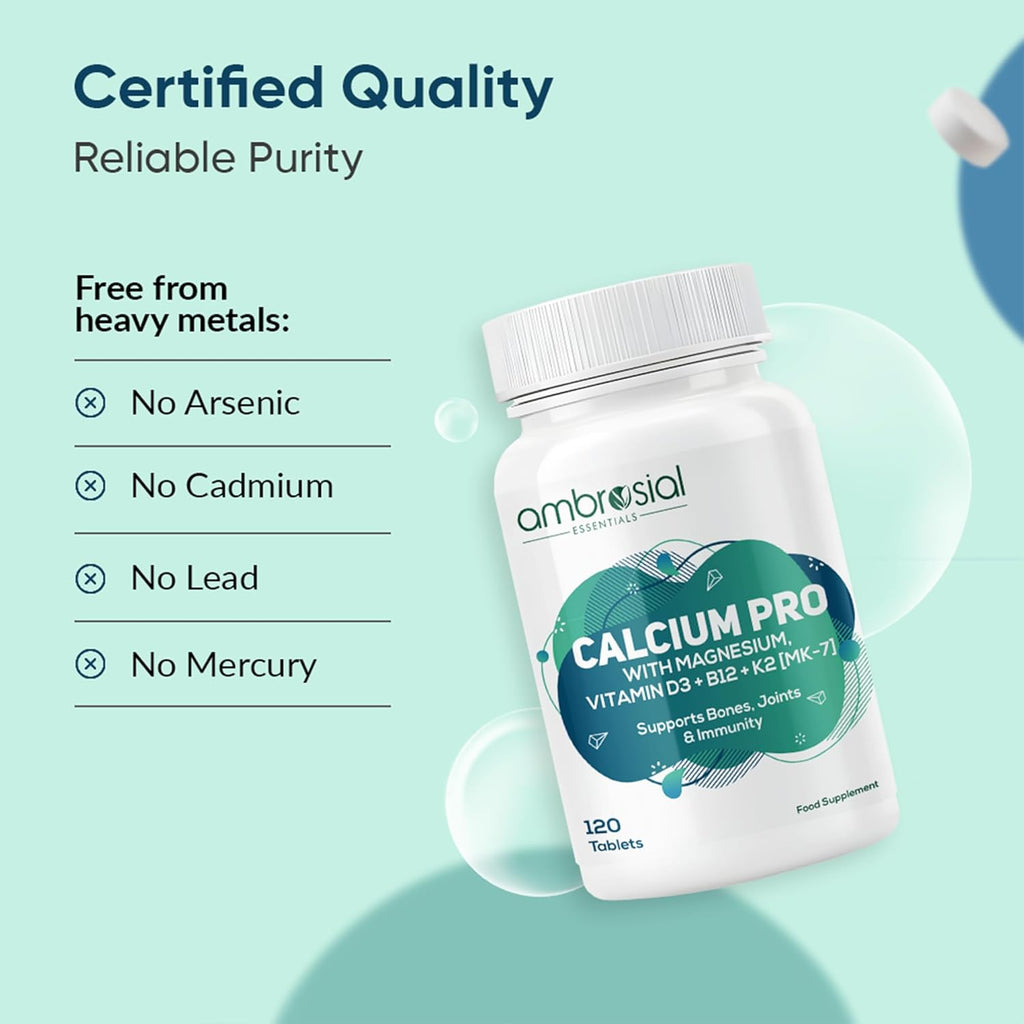 Ambrosial Calcium Pro & Vitamin D3 Tablets with Magnesium, Zinc, Vitamin K2 MK-7 & B12 | Calcium Citrate Malate Supplement With Alfalfa & Moringa Extracts for Men & Women | 120 Vegetarian Tablets