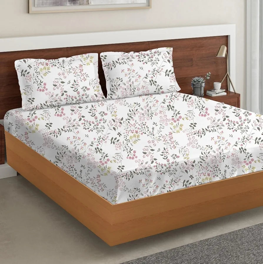 Trance Home Linen Skin Friendly 100% Cotton Printed Fitted Bedsheet for Queen Size Bed with 2 Pillow Cover Premium 180TC Colour Daisy Shower