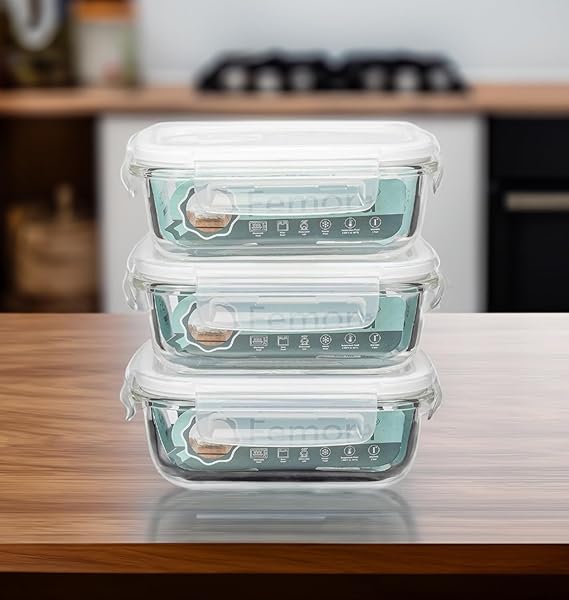 Femora Borosilicate Glass Containers for Kitchen | Storage Box for Kitchen With Air Vent Lid | Set of 3 | 400 Ml