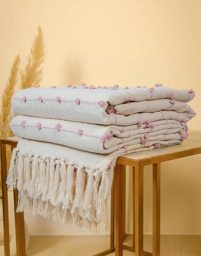 Sajavat Home Hand-Knitted Pure Cotton 3 Seater Sofa Throw & Cushion Cover Colour Beige Pastel Throw & Pink Cushion