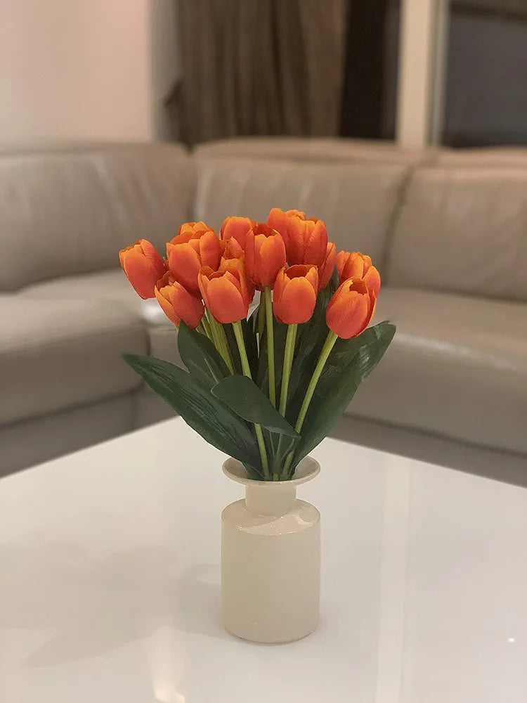 Beautiful Artificial Polyester and Plastic Tulip Flower Bunch Orange Set of 2