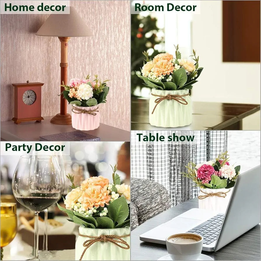 Artificial Flower with Ceramic Vase Hydrangea Bouquet Fake Flower Arrangements