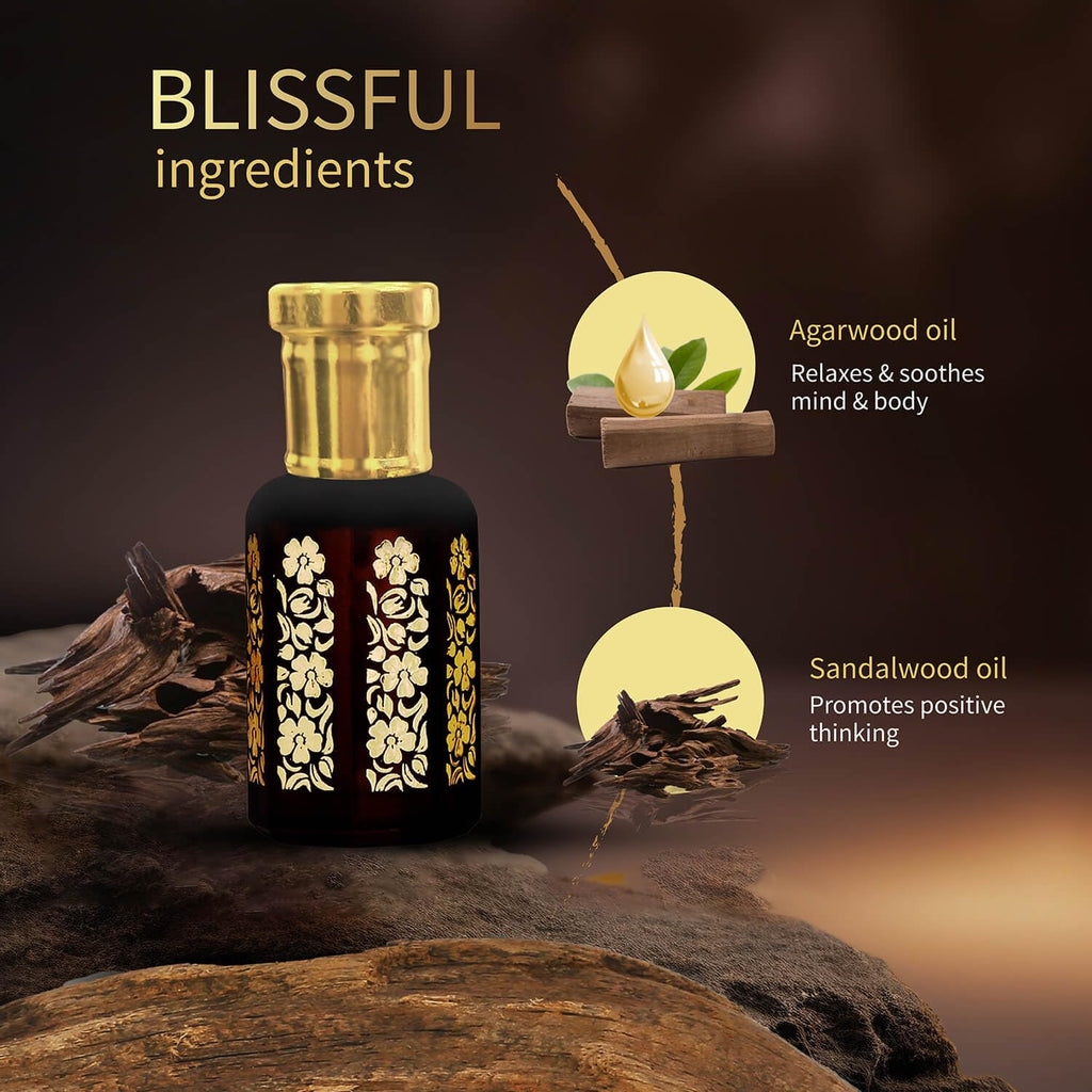 Ayouthveda Oudh Natural Ittar | contains Sandalwood Oil & Agarwood Oil | Long Lasting Woody Fragrance | Eliminate Body Odour & Smell Blissfull | Non-Alcoholic Roll On | for Men & Women (8ml)