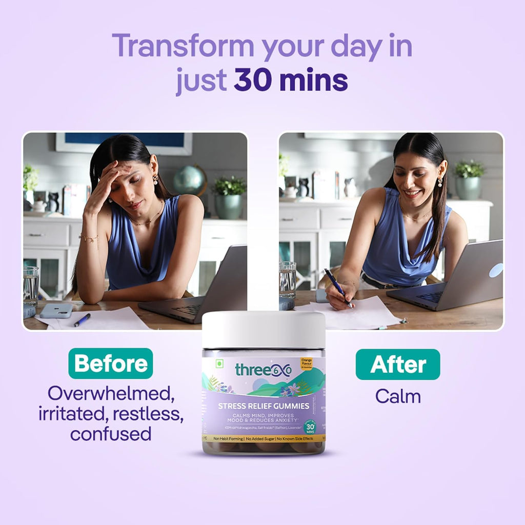 three60 STRESS RELIEF Gummies |Reduces Stress & Cortisol Levels |Helps in Anxiety Relief & Calms Mind |KSM-66Â® Ashwagandha, Safrâ€™InsideTM (Saffron), Lavender|Non-Habit Forming|30 Stress Relief Gummies