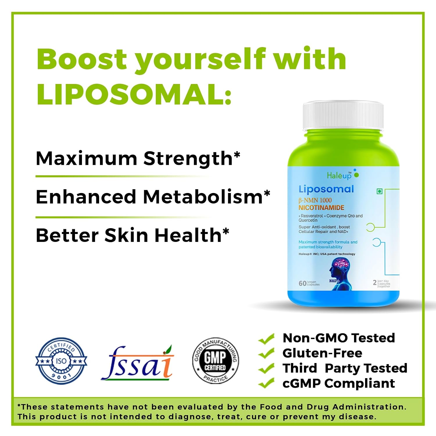 Haleup Liposomal NMN 1000 mg 3-in-1 Formula, Enriched with Resveratrol, Quercetin and CoQ10 |99.9% Pure |Healthy Ageing|Cellular Repair|Boost NAD+| Energy Levels| Skin Health (Pack of1)
