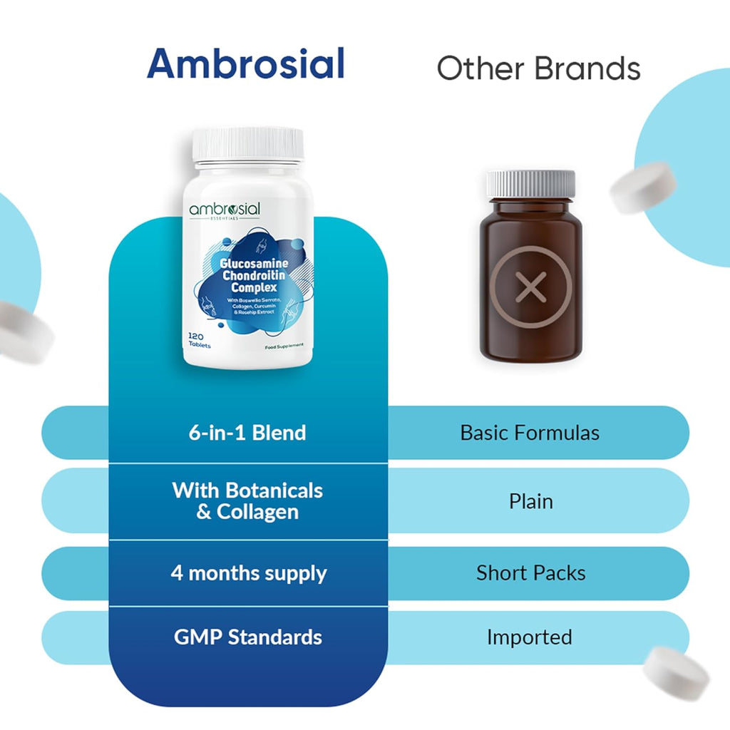 Ambrosial Glucosamine Chondroitin Joint Care Supplement with Curcumin, Collagen, Boswellia & Rosehip Extracts | High Strength Glucosamine Chondroitin for High Mobility & Flexibility | 120 Tablets
