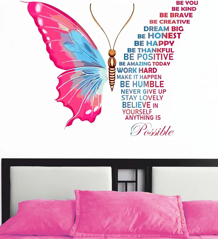 Decal O Decal Vinyl Butterfly with Motivational Quotes Wall Stickers self-adhesive 90 cm Pink Butterfly with Life Improvement Positiv