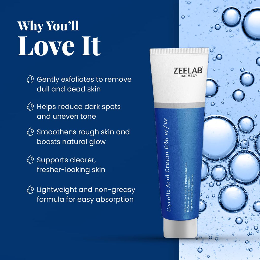 Zeelab Glycolic Acid 6% Cream for Acne, Dark Spots, Oily & Dry Skin, Acne Scars & Pigmentation â€“ Exfoliating & Brightening 6 Percent Glycolic Acid Cream for Face â€“ Dermatologist Recommended â€“ 30g