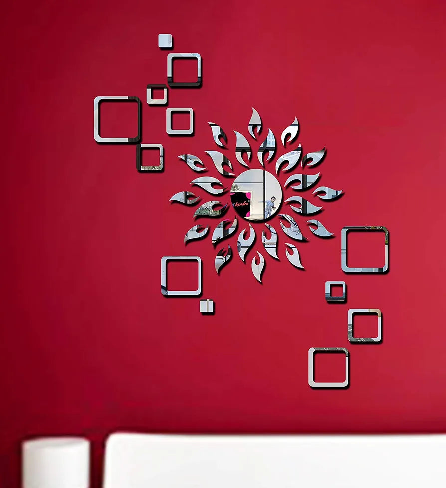 Bikri Kendra ARTBK132, Sun Silver Square Silver 2 Set Decorative Mirror Stickers 3D Acrylic