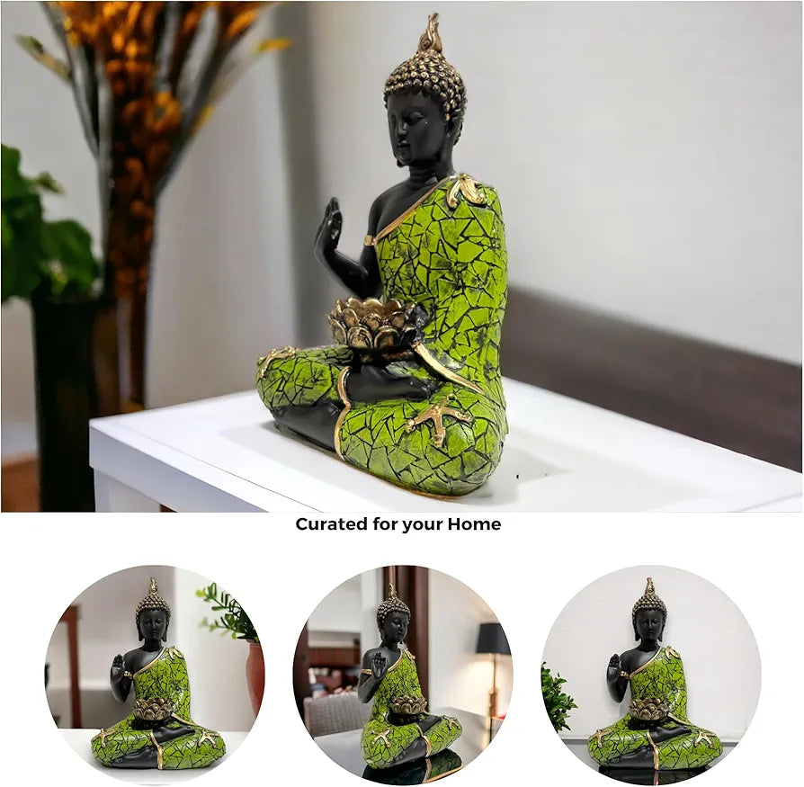 Neelaya Meditating Buddha Statue with Tealight Candle Holder Polyresin Showpiece 28 cm Black Green