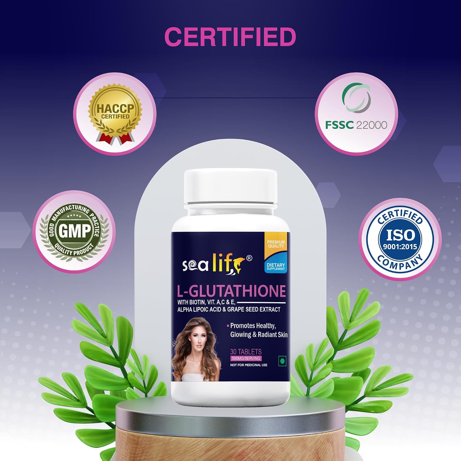 Sea Life Glutathione Tablets With Biotin, Vitamin A, C, E, Alpha Lipoic Acid, and Grape Seed Extract | for Healthy & Radiant Skin for Men & Women 30 Tablets