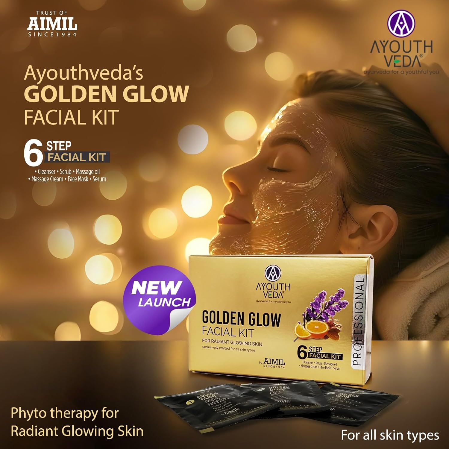 Ayouthveda Golden Glow Facial Kit | Bright & Glowing Skin 45g | Ayurvedic Facial with Turmeric, Saffron & Herbal Oils | Instant Brightening & Radiant Glow | For All Skin Types
