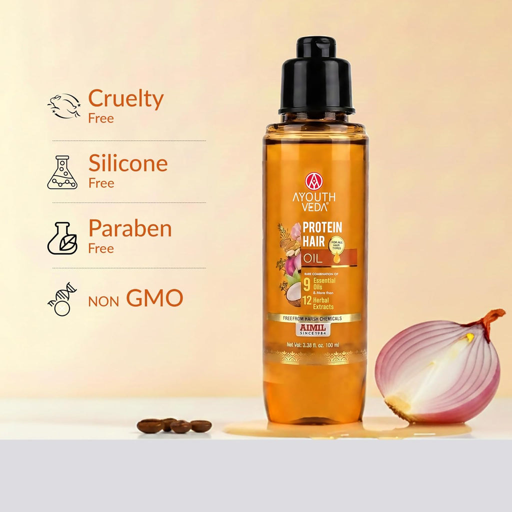 Ayouthveda Protein Hair Oil | Nourishing Oil to Repair Damage | With Bhringraj, Coffee, Arhar & Urad Dal | Blend of 9 Nourishing Oils and 12 Herbal Extracts | Helps Improve Hair Strength, Shine & Softness | For All Hair Types | 100 ml